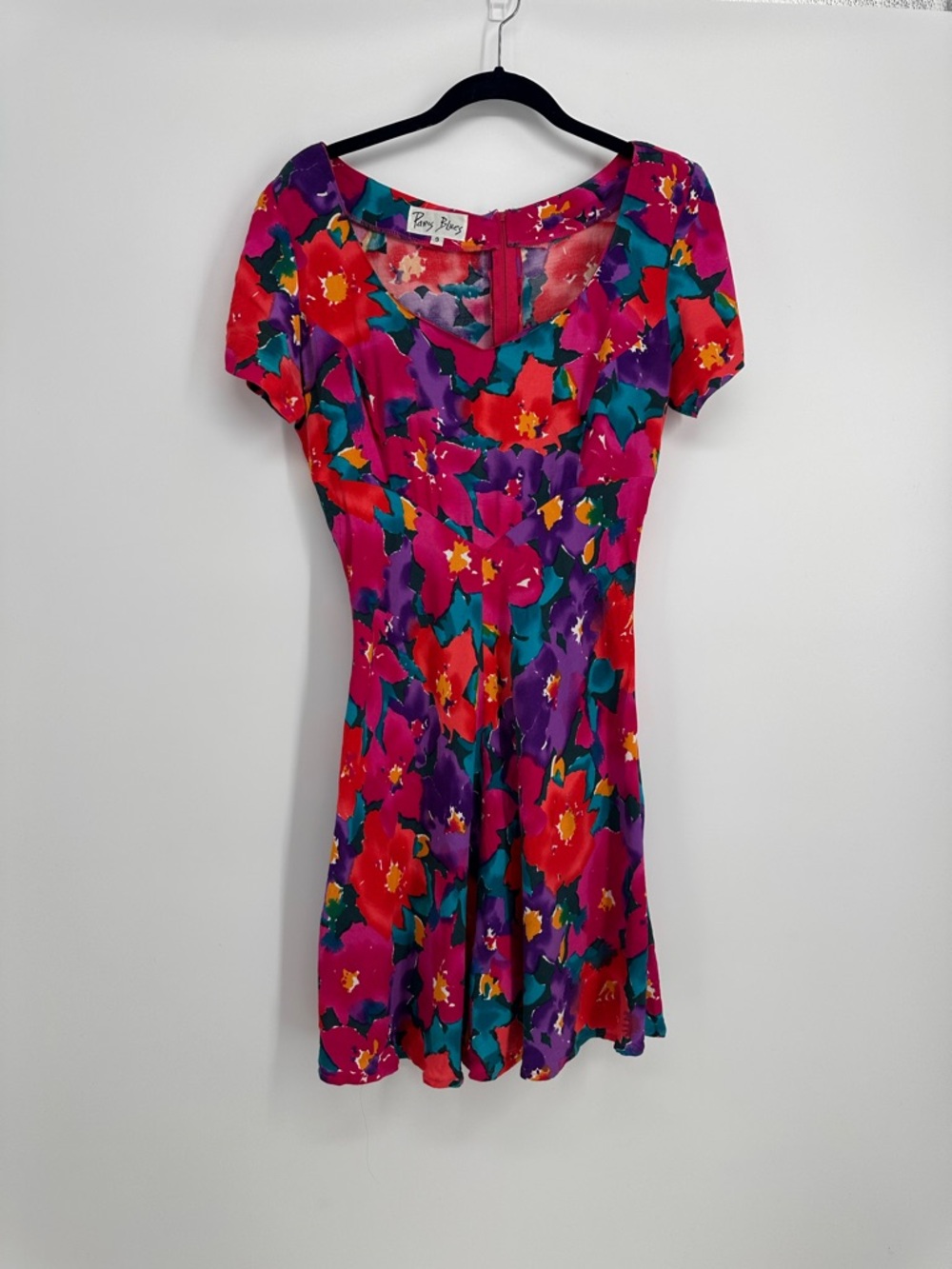 Vintage Paris Blues Multicolor Floral Mini Dress Whimsigoth Grunge 90 Y2K Skater - Picture 2 of 11